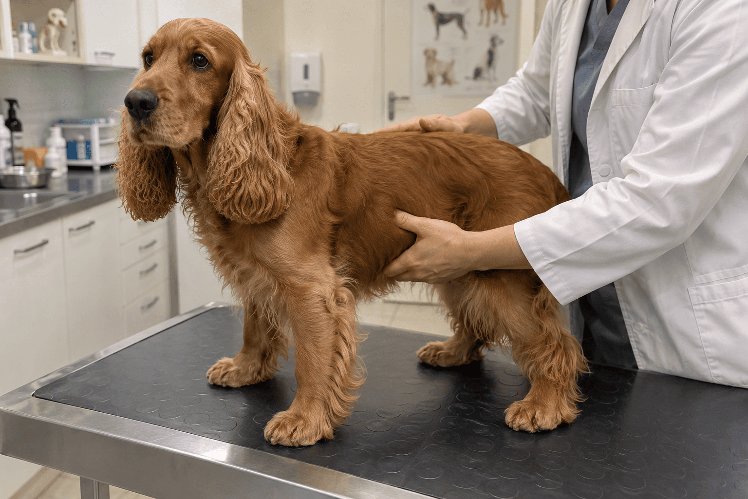Veterinár šetrne vyšetruje dospelého kokeršpaniela v ambulancii